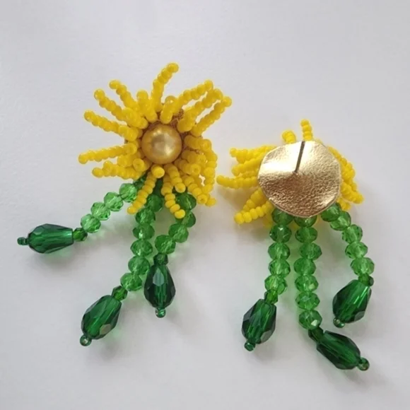 NWT Yellow Seed Beaded Flower Boho Abstract Earrings - Picture 6 of 8